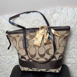 Coach Tan and Dark Brown Signature Canvas Tote with Silk Scarf Accent